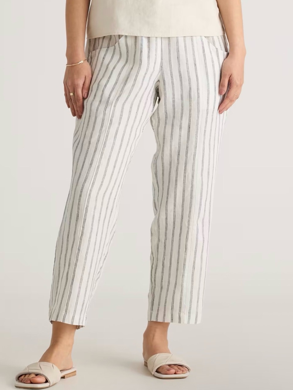 Quince 100% European Linen Tapered Ankle Pull On Pants M Coastal Stripe Pockets